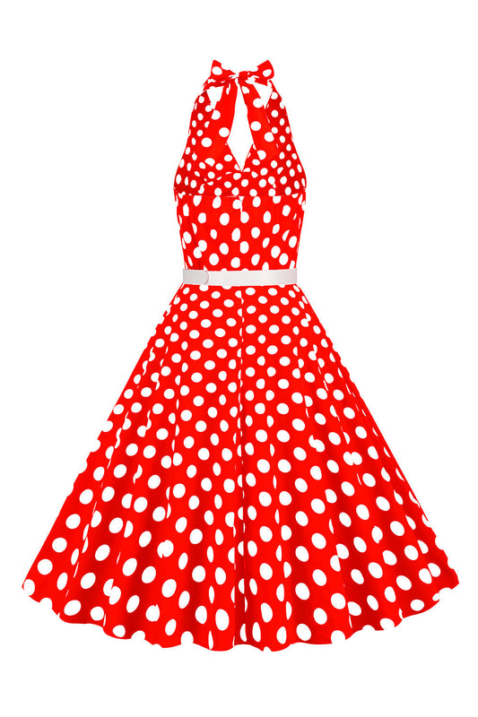 Hepburn Style Halter Neck Polka Dot Red 1950s Dress