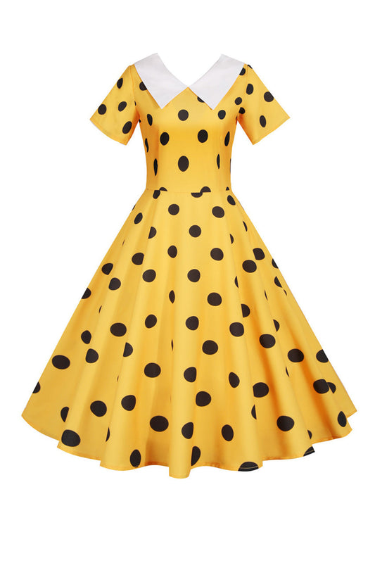 Yellow Vintage Polka Dot Dress with Short Sleeves