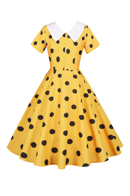 Yellow Vintage Polka Dot Dress with Short Sleeves
