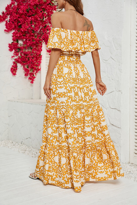Yellow Printed Off-the-Shoulder Long Summer Dress