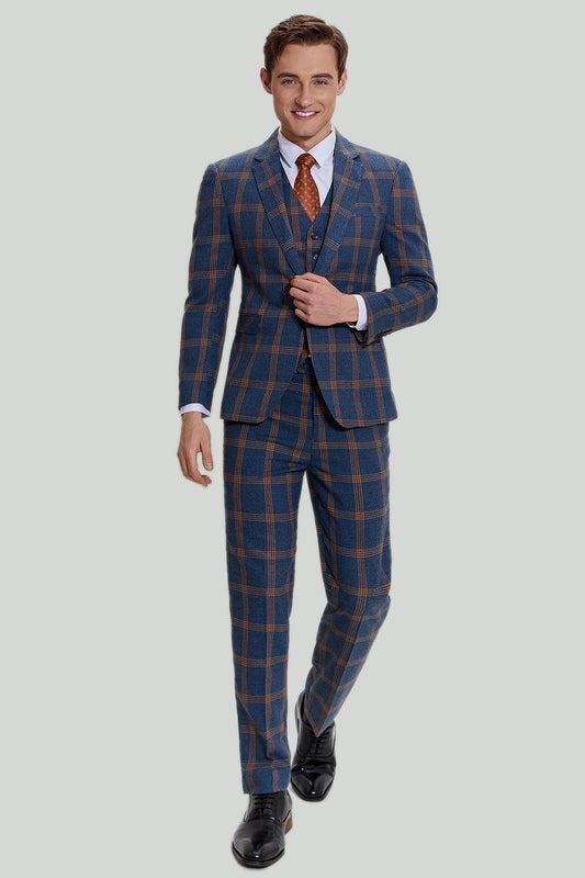 Costume de bal 3 pièces à revers cranté à carreaux gris-bleu pour homme