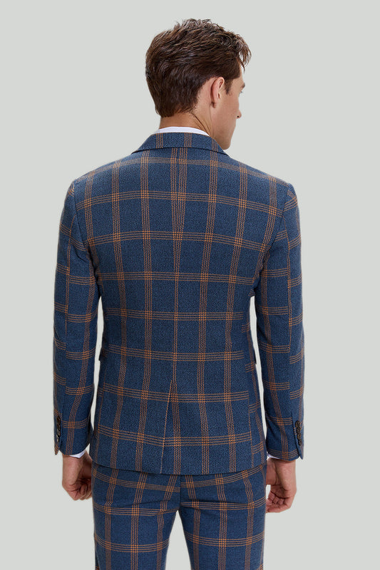 Costume de bal 3 pièces à revers cranté à carreaux gris-bleu pour homme