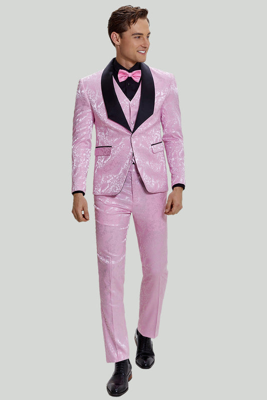 Costumes de bal 3 pièces pour hommes en satin jacquard rose à revers châle