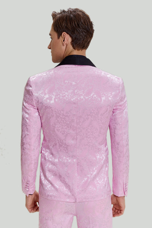 Costumes de bal 3 pièces pour hommes en satin jacquard rose à revers châle