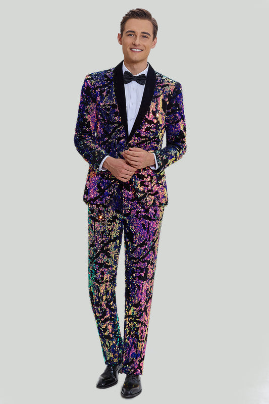 Costume deux pièces à paillettes violettes pour homme, revers châle, un bouton, smoking