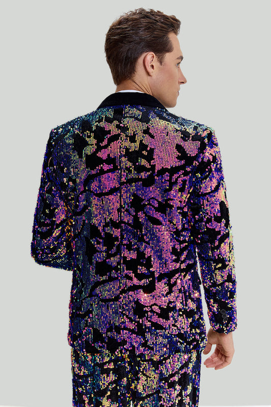 Costume deux pièces à paillettes violettes pour homme, revers châle, un bouton, smoking