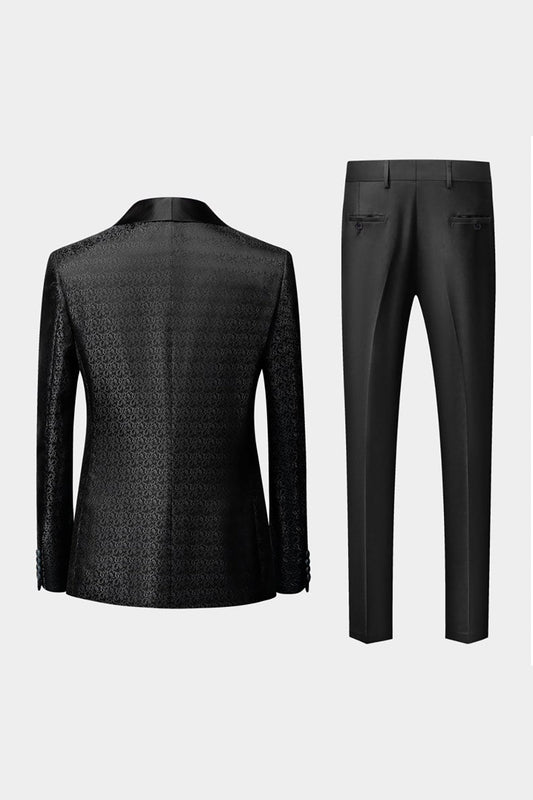 Costume 3 pièces jacquard à revers châle noir pour homme