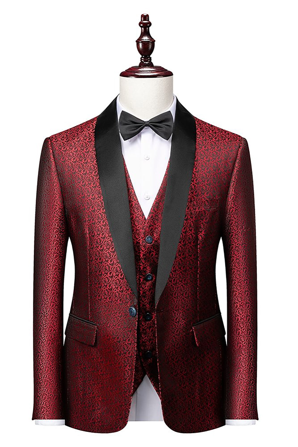 Costume 3 pièces jacquard à revers châle noir pour homme