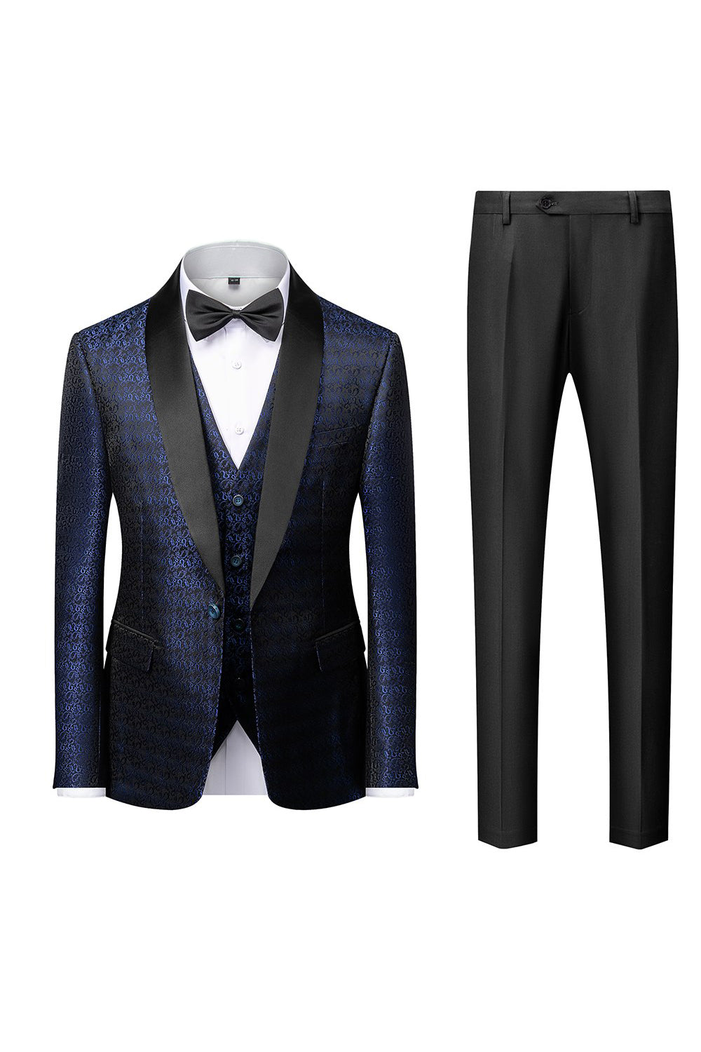 Costume 3 pièces jacquard à revers châle noir pour homme