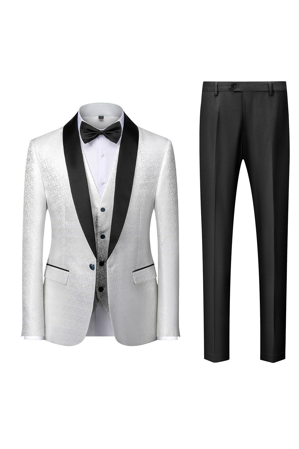 Costume 3 pièces jacquard à revers châle noir pour homme