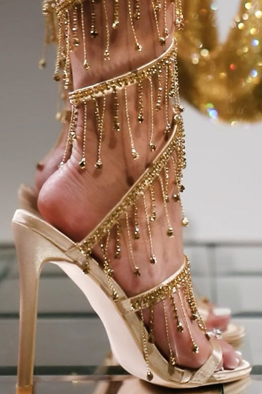 Golden Sparkly Strappy High-Heeled Sandals with Tassel