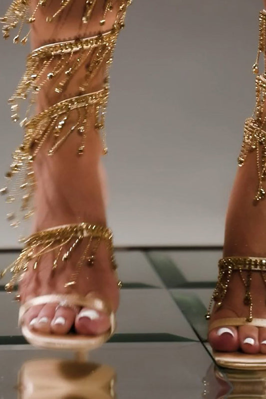 Golden Sparkly Strappy High-Heeled Sandals with Tassel