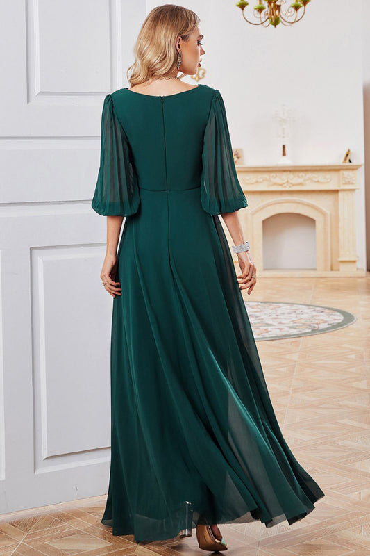 Robe de Mère de la Mariée Vert Foncé A-line Manches Longues Col V