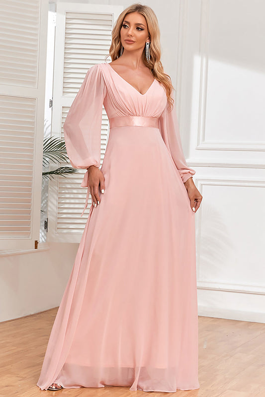 Robe de soirée en mousseline blush à col en V et manches longues