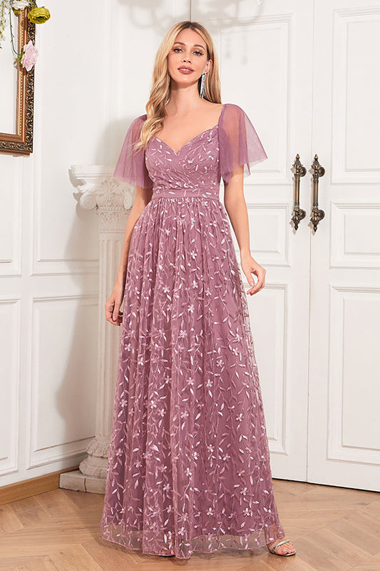 Robe de mère de la mariée trapèze rose poudré avec appliques