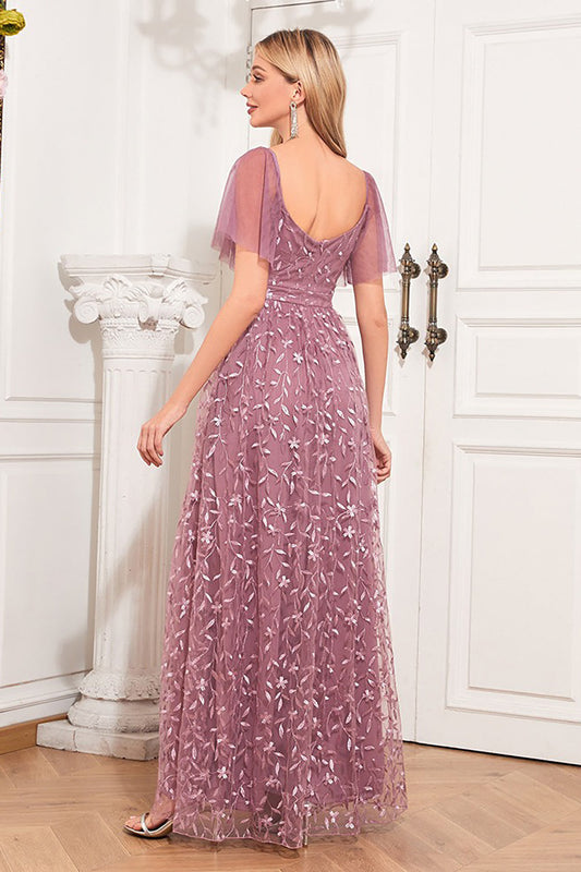 Dusty Rose A-Line V-Neck Embroidered Long Choir Dress