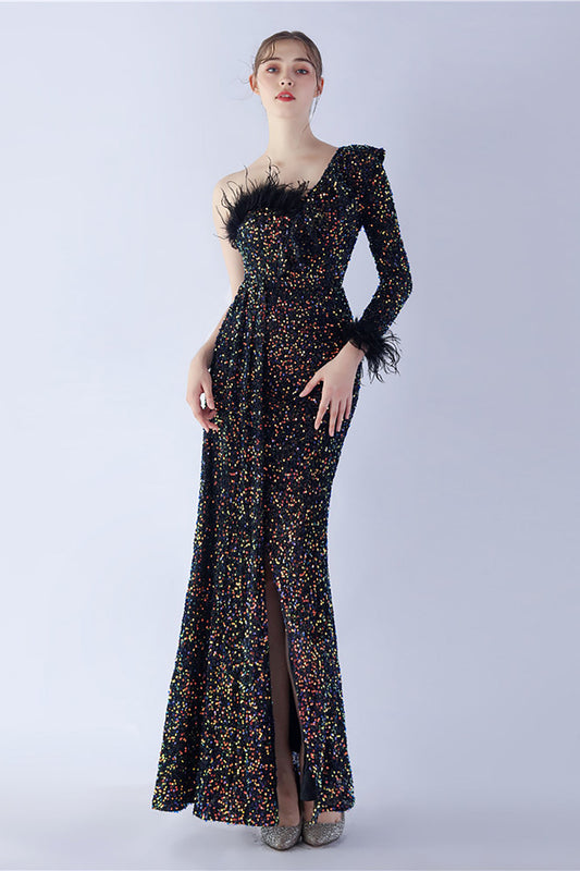 Robe de soirée sirène asymétrique à sequins avec plumes