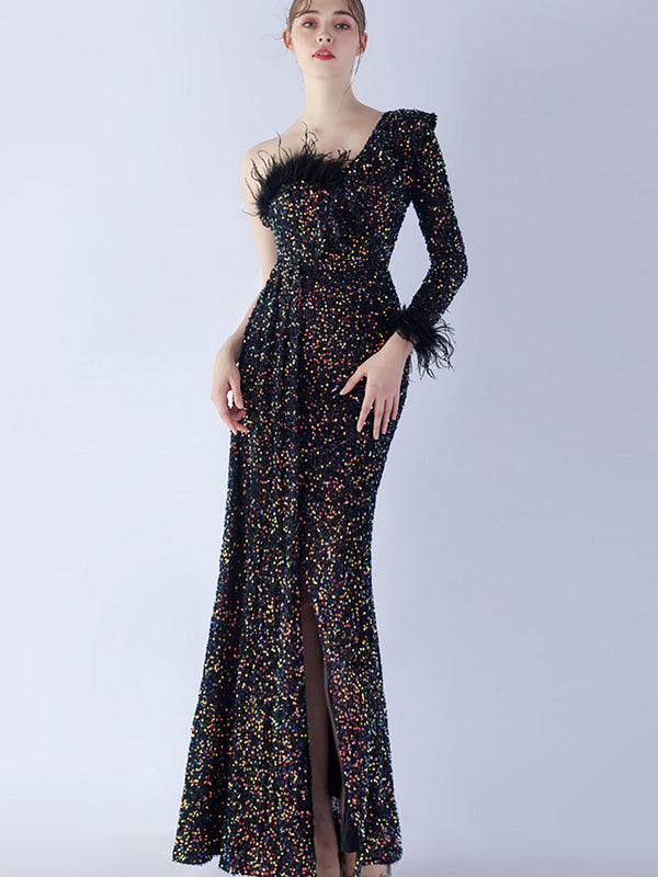 Robe de soirée sirène asymétrique à sequins avec plumes