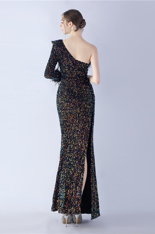 Robe de soirée sirène asymétrique à sequins avec plumes