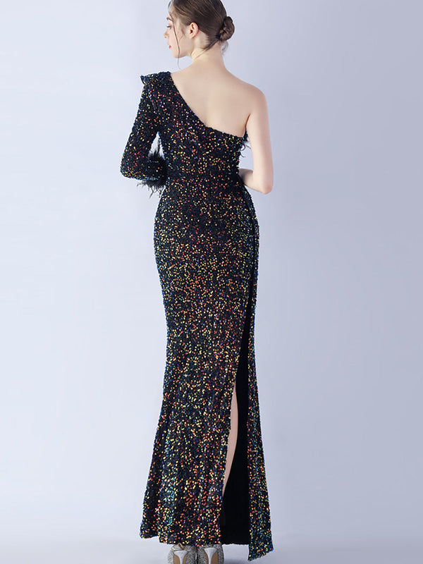 Robe de soirée sirène asymétrique à sequins avec plumes