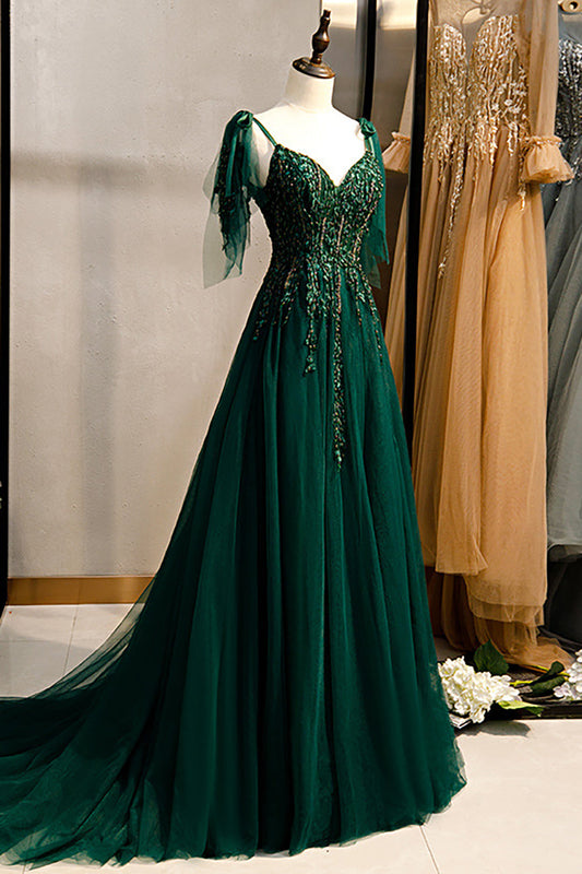 A-Line Spaghetti Strap Dark Green Beaded Prom Dress