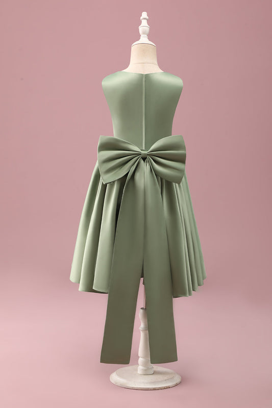 Robe Fille de Fleurs A-ligne Col Rond en Satin Gris Vert avec Nœud