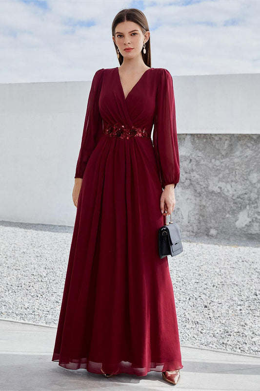 Robe de chorale ligne A en mousseline bordeaux avec appliques et manches longues