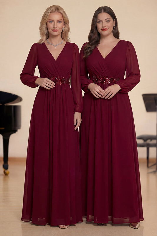 Robe de chorale ligne A en mousseline bordeaux avec appliques et manches longues