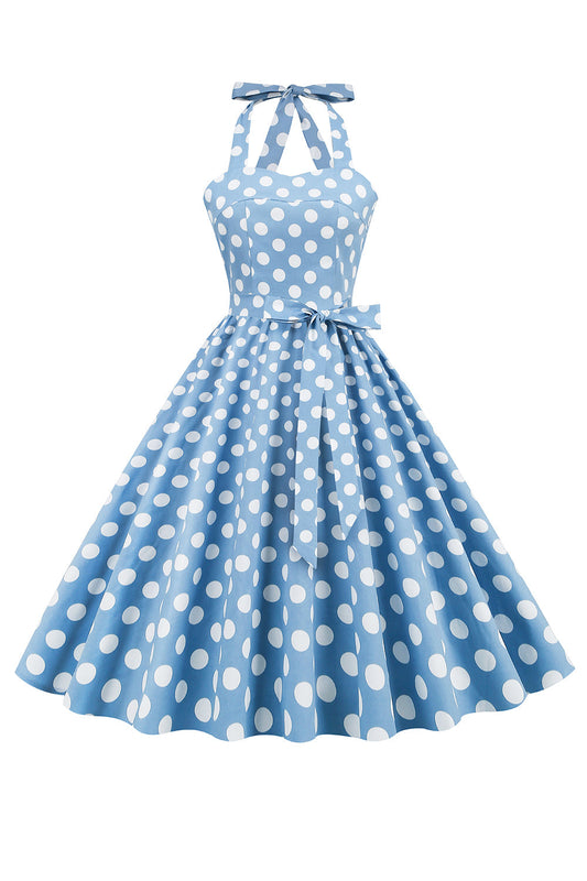 Robe Halter Années 50 Bleu à Pois
