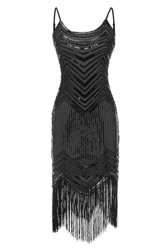 Robe noire à bretelles spaghetti style années 20