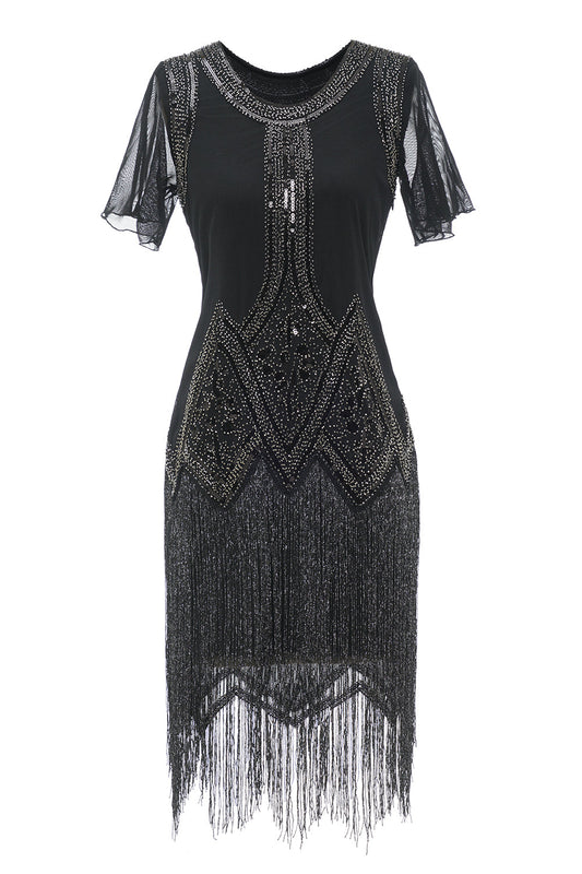 Robe noire à sequins et perles, à franges, style années 20