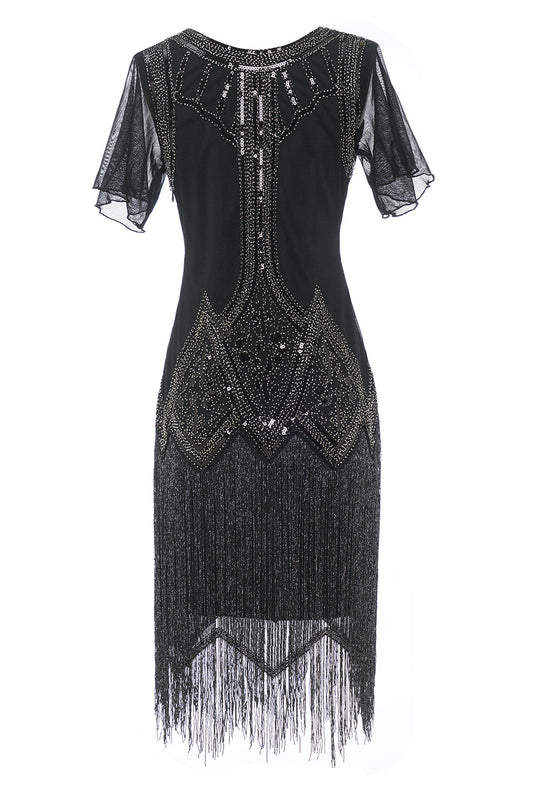 Robe noire à sequins et perles, à franges, style années 20