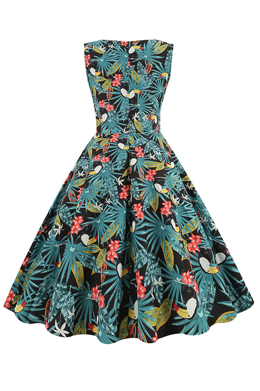 Robe vintage Années 50 Imprimé Feuilles Vertes