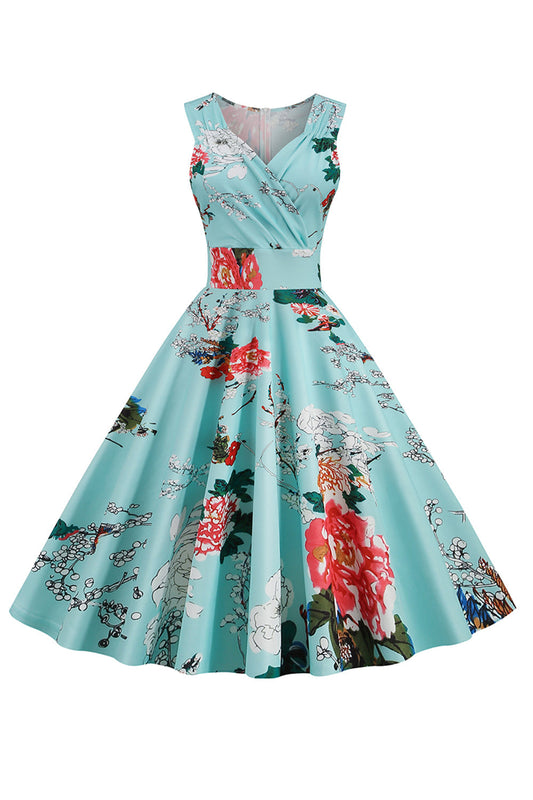Robe Vintage Années 50 Col V Bleu Clair