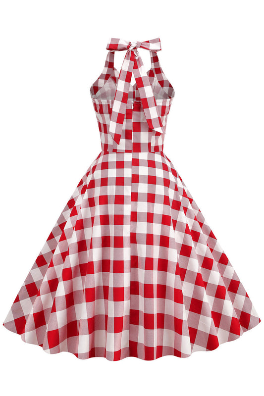 Robe Charleston à licol écossais rouge des années 50