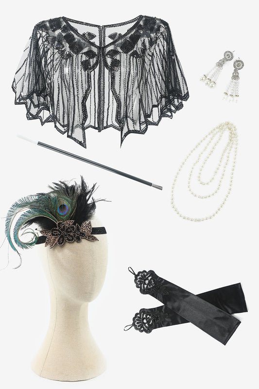 Collier, gants noirs six pièces, accessoires de fête années 20