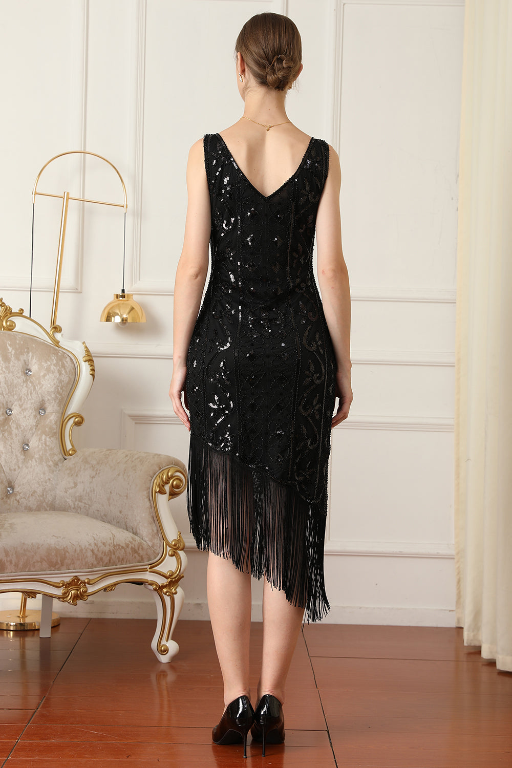 Robe Flapper Noire à Paillettes Années 20 avec Franges