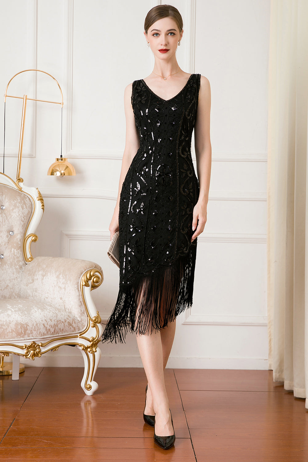 Robe Flapper Noire à Paillettes Années 20 avec Franges
