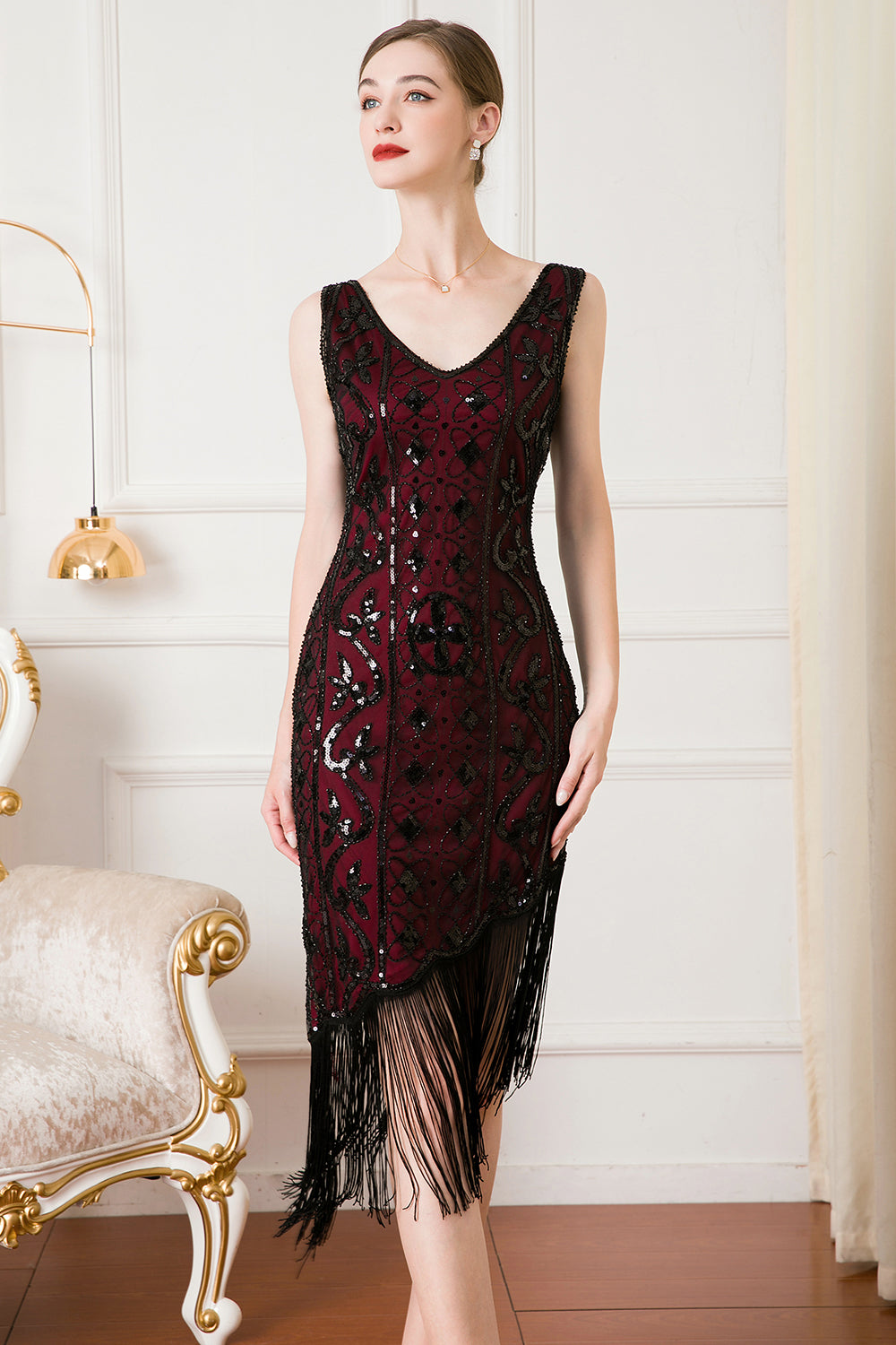 Robe Flapper Noire à Paillettes Années 20 avec Franges