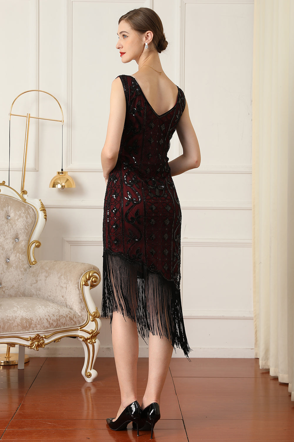 Robe Flapper Noire à Paillettes Années 20 avec Franges