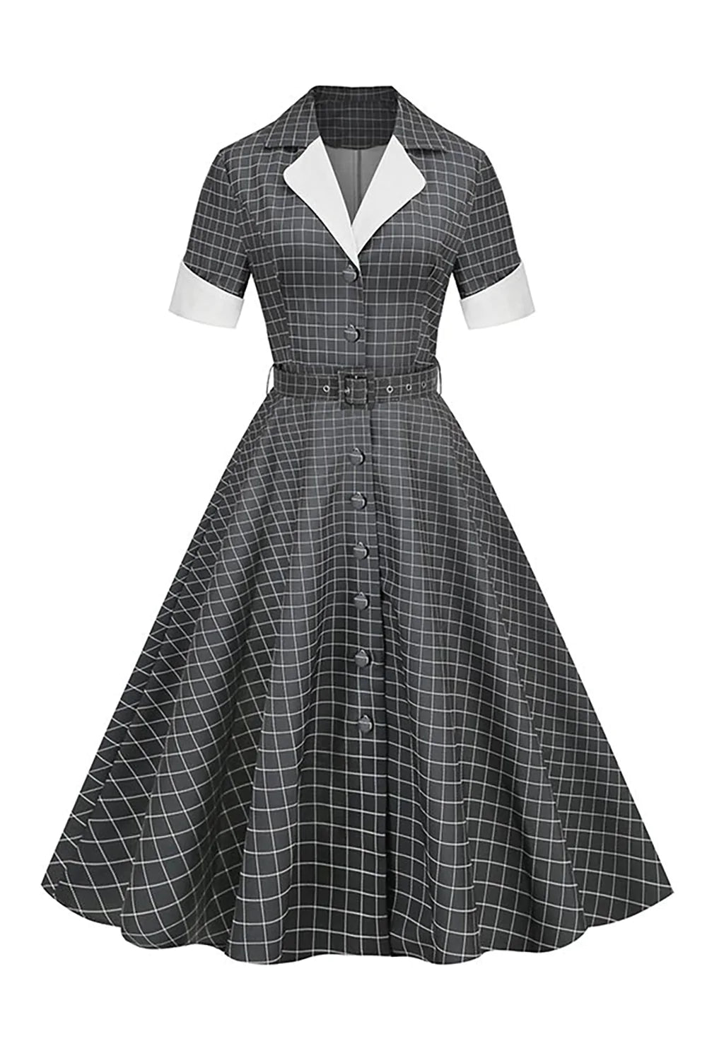 Robe Vintage Grise à Carreaux Col Revers