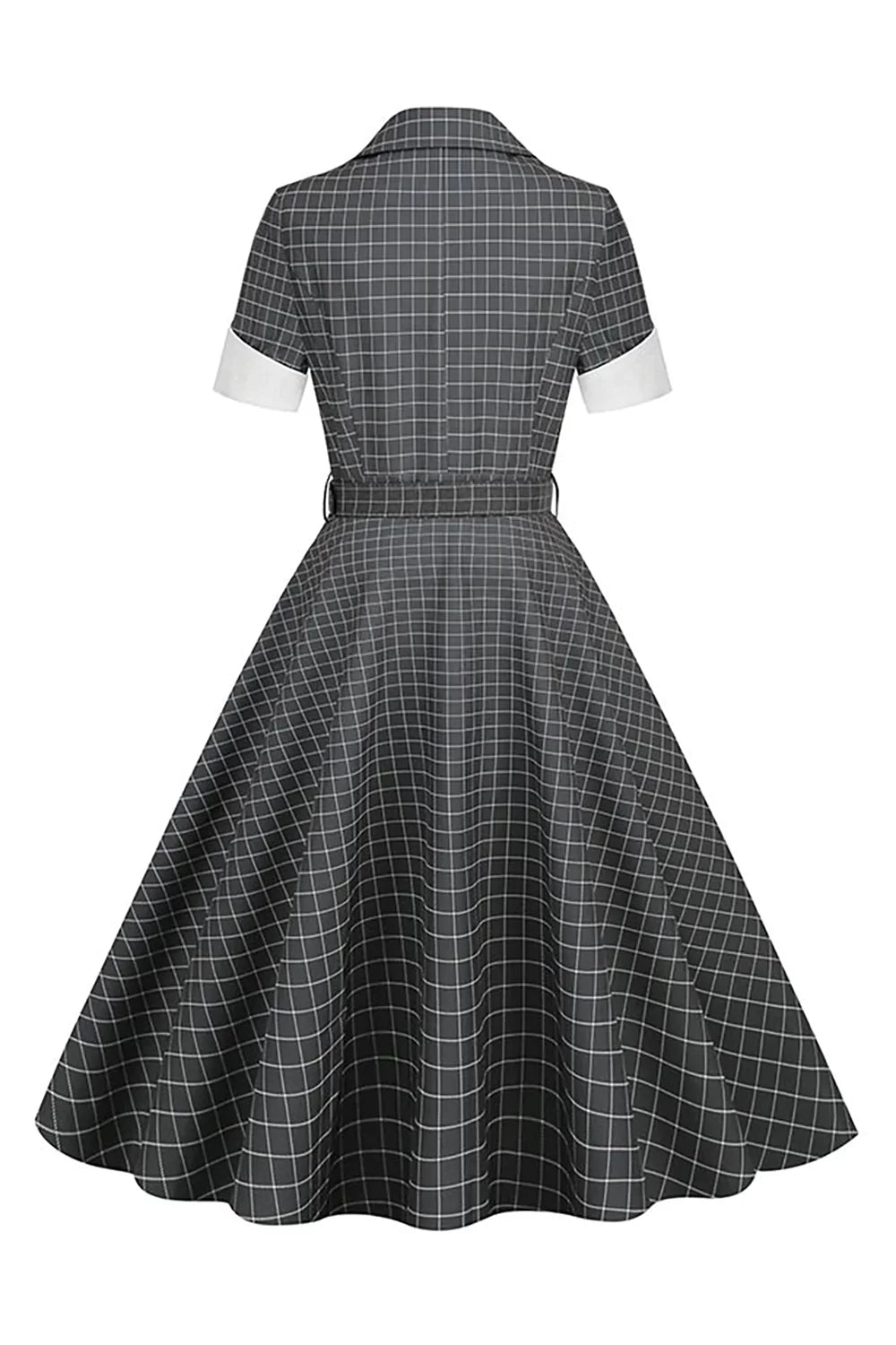 Robe Vintage Grise à Carreaux Col Revers
