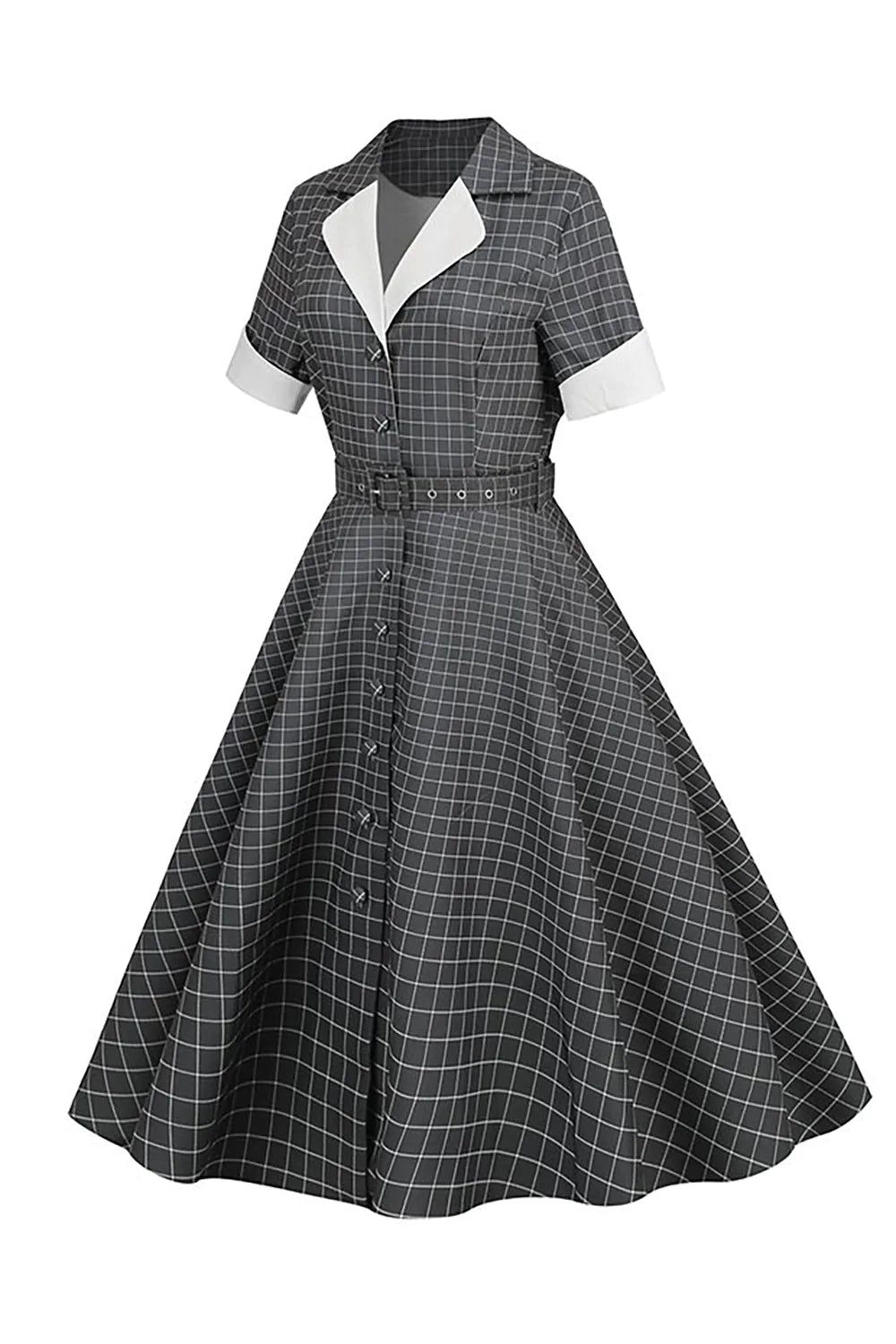 Robe Vintage Grise à Carreaux Col Revers