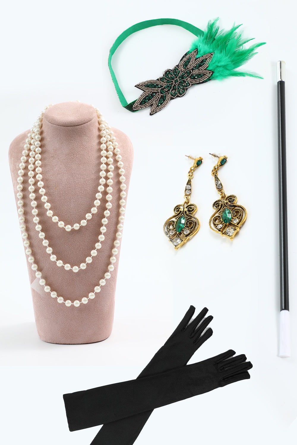 Ensemble d'accessoires de fête années 20 vert, cinq pièces