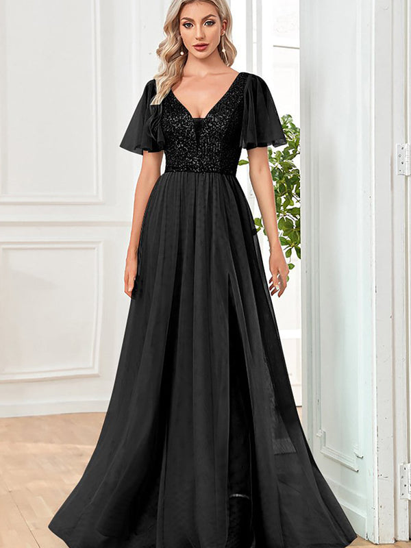 Robe de soirée fourreau noire en tulle ornée de paillettes avec fente