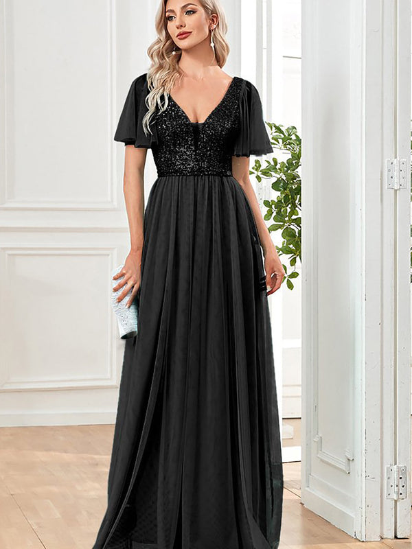 Robe de soirée fourreau noire en tulle ornée de paillettes avec fente