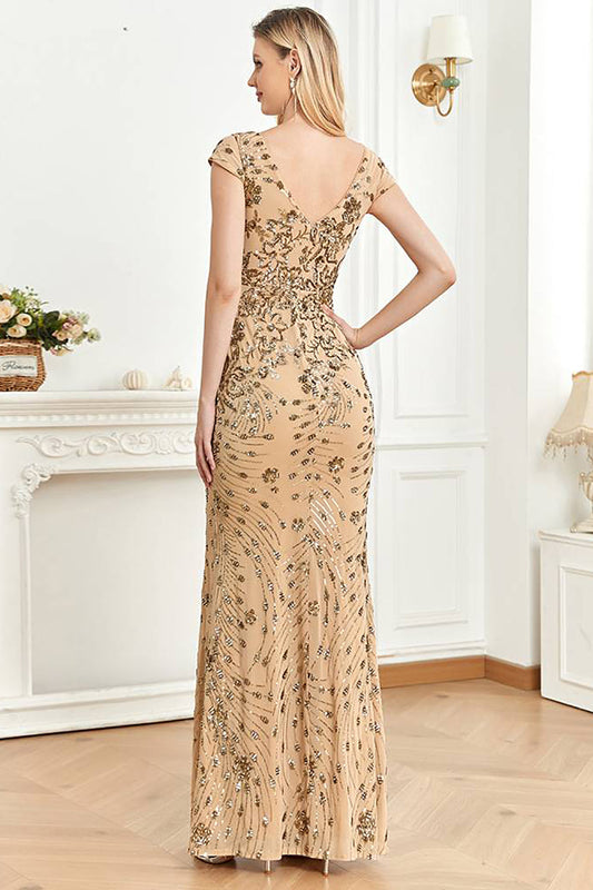 Beaded Golden Sheath Formal Dress with V-neck