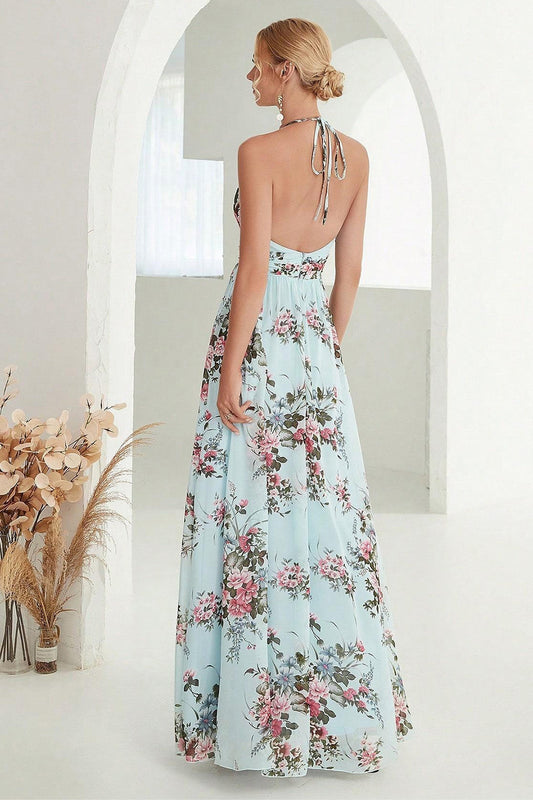Robe de soirée fendue bleu clair à licou imprimée