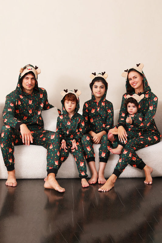 Pyjama grenouillère de Noël vert foncé imprimé pour toute la famille