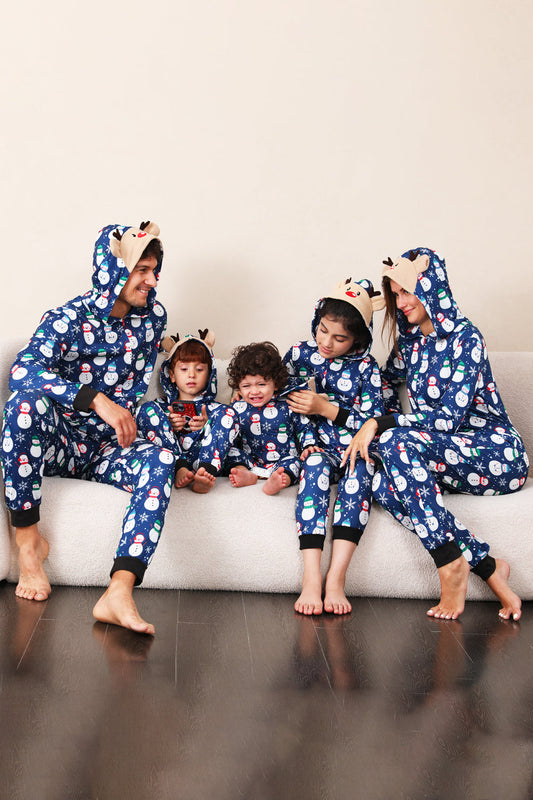 Pyjama de Noël une pièce bleu motif bonhomme de neige assorti pour toute la famille